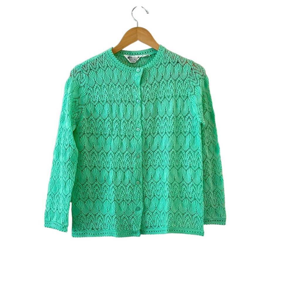 Vintage 60s 70s Crochet Knit Cardigan Sweater Womens Size M Green Retro Mod